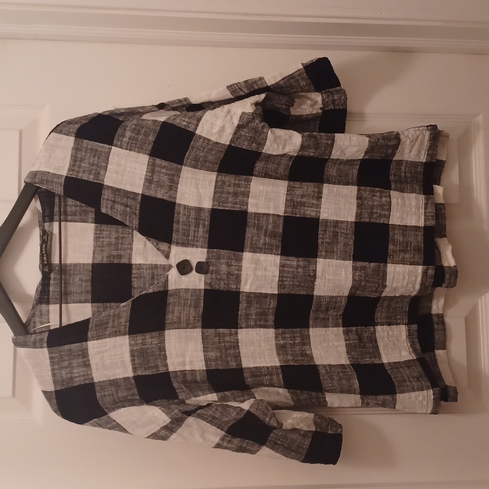 Zara Basic Black & White Check Linen Blend 3/4 Sleeve Top